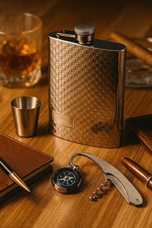 VIP Özel Çelik Hediye Seti – Çelik Matara, Anahtarlık, Mantar Açacağı Çakı, Huni ve Shot Bardak