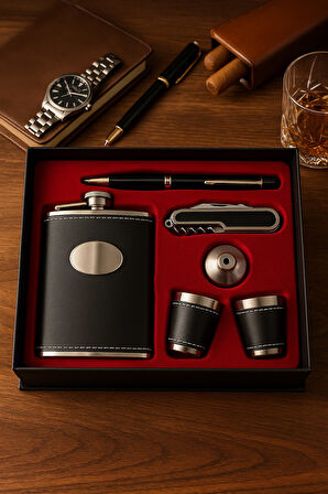 Özel Lüks Hediye Seti – Deri Kaplamalı Çelik Matara, 2 Shot Bardak, Huni, Kalem ve Çakı Tirbuşon 