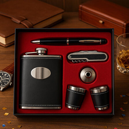 Özel Lüks Hediye Seti – Deri Kaplamalı Çelik Matara, 2 Shot Bardak, Huni, Kalem ve Çakı Tirbuşon 