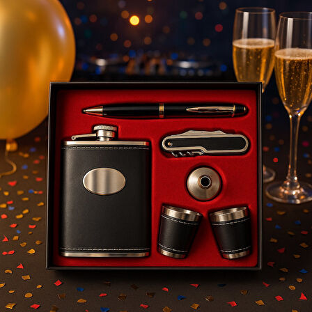 Özel Lüks Hediye Seti – Deri Kaplamalı Çelik Matara, 2 Shot Bardak, Huni, Kalem ve Çakı Tirbuşon 