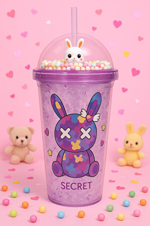 Suluk Pipetli Buzlu Cam Görünümlü 450 ML Çift Katman Mika Su Şişesi 2087 Mor