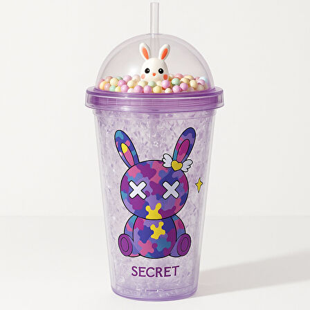 Suluk Pipetli Buzlu Cam Görünümlü 450 ML Çift Katman Mika Su Şişesi 2087 Mor