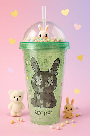 Suluk Pipetli Buzlu Cam Görünümlü 450 ML Çift Katman Mika Su Şişesi 2087 Yeşil