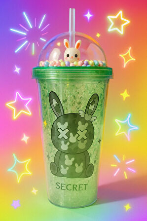 Suluk Pipetli Buzlu Cam Görünümlü 450 ML Çift Katman Mika Su Şişesi 2087 Yeşil