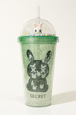 Suluk Pipetli Buzlu Cam Görünümlü 450 ML Çift Katman Mika Su Şişesi 2087 Yeşil