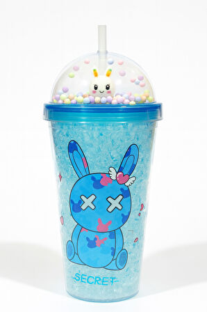 Suluk Pipetli Buzlu Cam Görünümlü 450 ML Çift Katman Mika Su Şişesi 2087 Mavi