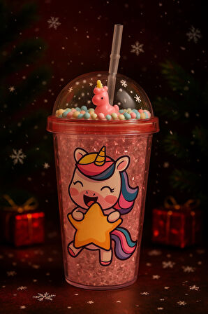 Unicorn Temalı Suluk Pipetli Buzlu Cam Görünümlü 450 ML Çift Katman Mika Su Şişesi 2646 Pembe