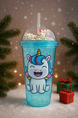 Unicorn Temalı Suluk Pipetli Buzlu Cam Görünümlü 450 ML Çift Katman Mika Su Şişesi 2646 Mavi