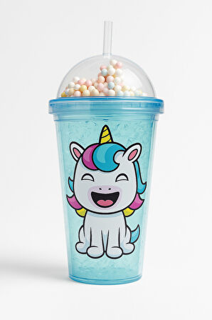 Unicorn Temalı Suluk Pipetli Buzlu Cam Görünümlü 450 ML Çift Katman Mika Su Şişesi 2646 Mavi