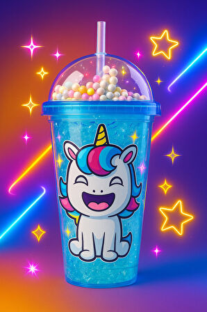 Unicorn Temalı Suluk Pipetli Buzlu Cam Görünümlü 450 ML Çift Katman Mika Su Şişesi 2646 Mavi