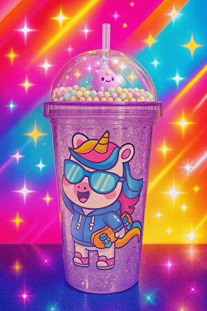 Unicorn Temalı Suluk Pipetli Buzlu Cam Görünümlü 450 ML Çift Katman Mika Su Şişesi 2646 Mor