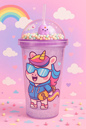 Unicorn Temalı Suluk Pipetli Buzlu Cam Görünümlü 450 ML Çift Katman Mika Su Şişesi 2646 Mor