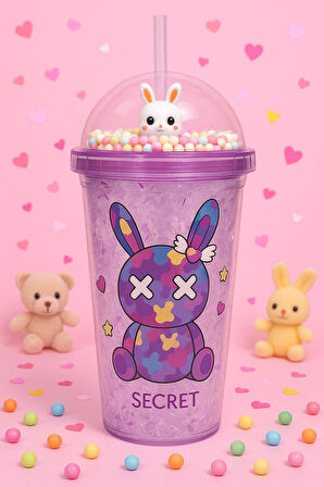 Sevimli Bunny Tavşan Figürlü Renkli Boncuklu Kristal Efektli Tasarım Pipetli Bardak Suluk Mor 2087