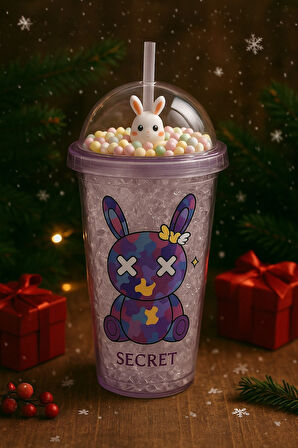 Sevimli Bunny Tavşan Figürlü Renkli Boncuklu Kristal Efektli Tasarım Pipetli Bardak Suluk Mor 2087