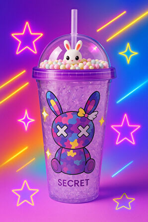 Sevimli Bunny Tavşan Figürlü Renkli Boncuklu Kristal Efektli Tasarım Pipetli Bardak Suluk Mor 2087