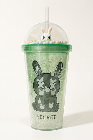 Sevimli Bunny Tavşan Figürlü Renkli Boncuklu Kristal Efektli Tasarım Pipetli Bardak Suluk Yeşil 2087