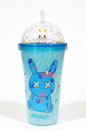 Sevimli Bunny Tavşan Figürlü Renkli Boncuklu Kristal Efektli Tasarım Pipetli Bardak Suluk Mavi 2087