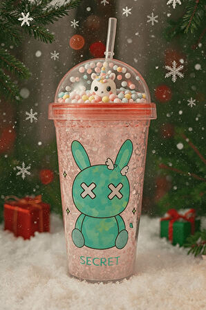 Sevimli Bunny Tavşan Figürlü Renkli Boncuklu Kristal Efektli Tasarım Pipetli Bardak Suluk Pembe 2087