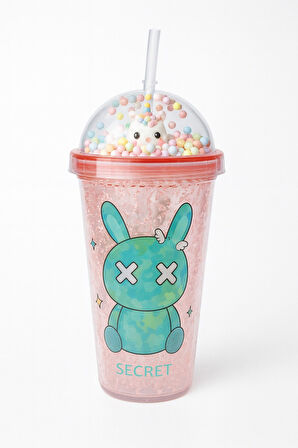 Sevimli Bunny Tavşan Figürlü Renkli Boncuklu Kristal Efektli Tasarım Pipetli Bardak Suluk Pembe 2087