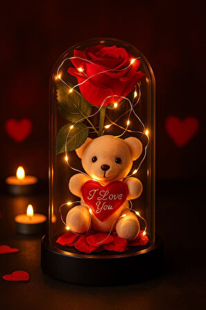 Dekoratif Tasarım Fanus LED Işıklı Kırmızı Gül I Love You Ayıcık Sevgiliye Romantik Aşk Hediye Seti