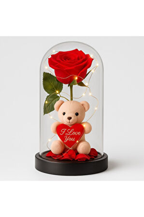 Dekoratif Tasarım Fanus LED Işıklı Kırmızı Gül I Love You Ayıcık Sevgiliye Romantik Aşk Hediye Seti
