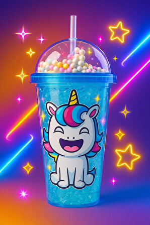 Renkli Boncuklu Unicorn Tasarımlı Pipetli İçecek Bardağı Çocuklar İçin Sevimli Suluk Mavi 2646