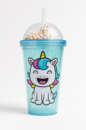 Renkli Boncuklu Unicorn Tasarımlı Pipetli İçecek Bardağı Çocuklar İçin Sevimli Suluk Mavi 2646