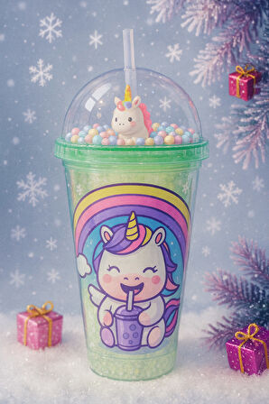 Unicorn Temalı Suluk Pipetli Buzlu Cam Görünümlü 450 ML Çift Katman Mika Su Şişesi 2646 Yeşil