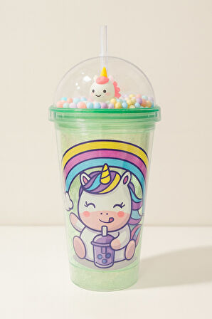 Unicorn Temalı Suluk Pipetli Buzlu Cam Görünümlü 450 ML Çift Katman Mika Su Şişesi 2646 Yeşil