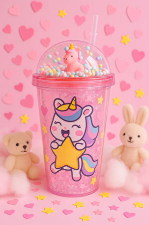 Renkli Boncuklu Unicorn Tasarımlı Pipetli İçecek Bardağı Çocuklar İçin Sevimli Suluk Pembe 2646