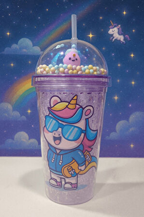 Renkli Boncuklu Unicorn Tasarımlı Pipetli İçecek Bardağı Çocuklar İçin Sevimli Suluk Mor 2646