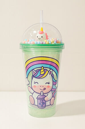 Renkli Boncuklu Unicorn Tasarımlı Pipetli İçecek Bardağı Çocuklar İçin Sevimli Suluk Yeşil 2646