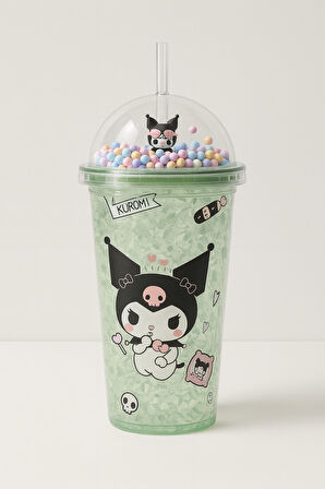 Kuromi Temalı Suluk Pipetli Buzlu Cam Görünümlü 450 ML Çift Katman Mika Su Şişesi 2647 Yeşil