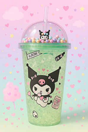 Kuromi Temalı Suluk Pipetli Buzlu Cam Görünümlü 450 ML Çift Katman Mika Su Şişesi 2647 Yeşil