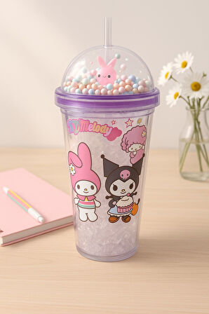 Kuromi Temalı Mor Suluk Pipetli Buzlu Cam Görünümlü 450 ML Çift Katman Mika Su Şişesi 2647 Mor