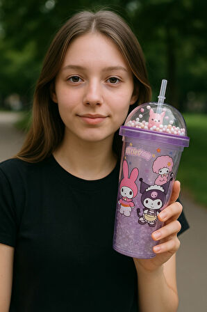 Kuromi Temalı Mor Suluk Pipetli Buzlu Cam Görünümlü 450 ML Çift Katman Mika Su Şişesi 2647 Mor