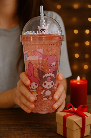 Kuromi Temalı Pembe Suluk Pipetli Buzlu Cam Görünümlü 450 ML Çift Katman Mika Su Şişesi 2647 Pembe