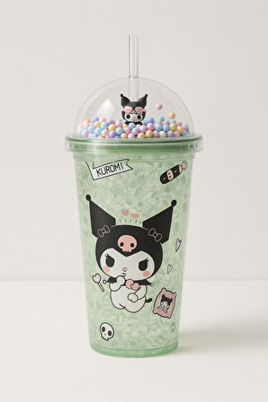 Çocuklar İçin Sevimli Renkli Boncuklu Kuromi Tasarımlı Pipetli İçecek Bardağı Suluk Yeşil 2647