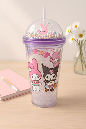 Çocuklar İçin Sevimli Renkli Boncuklu Kuromi Tasarımlı Pipetli İçecek Bardağı Suluk Mor 2647