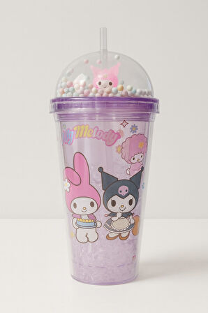 Çocuklar İçin Sevimli Renkli Boncuklu Kuromi Tasarımlı Pipetli İçecek Bardağı Suluk Mor 2647