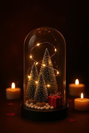 3 Çam Ağacı ve Hediye Temalı Led Işıklı Fanus İçinde 2026 Yeni Yıl Hediye Noel Yılbaşı Gece Lambası