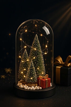 3 Çam Ağacı ve Hediye Temalı Led Işıklı Fanus İçinde 2026 Yeni Yıl Hediye Noel Yılbaşı Gece Lambası