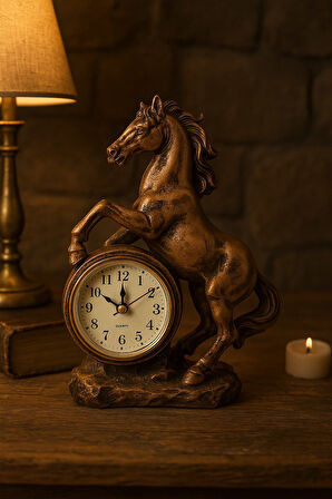 Kahve - Siyah  At Figürlü Masa Saati – 19x15 cm Dekoratif ve Şık Tasarım  Premium Hediye