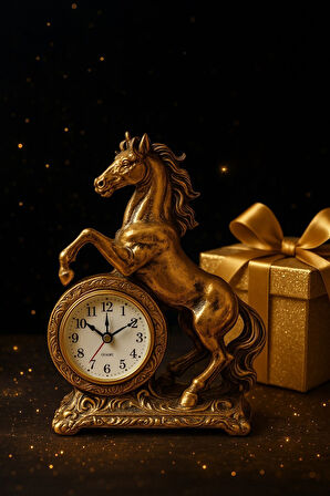 Dekoratif Şık Aksesuar Gösterişli Kahve Siyah At Heykeli Ev Ofis Masaüstü Saati Lüks Tasarım 19x15CM