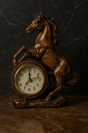 Dekoratif Şık Aksesuar Gösterişli Kahve Siyah At Heykeli Ev Ofis Masaüstü Saati Lüks Tasarım 19x15CM