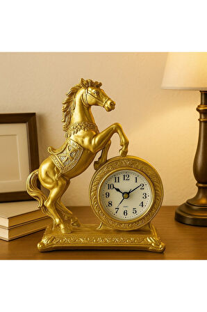 Dekoratif Şık Aksesuar Gösterişli Gold Renk At Heykeli Ev Ofis Masaüstü Saati Lüks Tasarım 22x17 CM