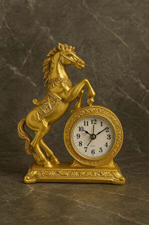 Dekoratif Şık Aksesuar Gösterişli Gold Renk At Heykeli Ev Ofis Masaüstü Saati Lüks Tasarım 22x17 CM
