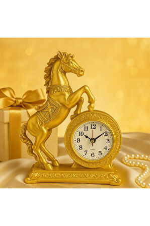 Dekoratif Şık Aksesuar Gösterişli Gold Renk At Heykeli Ev Ofis Masaüstü Saati Lüks Tasarım 22x17 CM