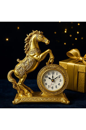 Dekoratif Şık Aksesuar Gösterişli Gold Renk At Heykeli Ev Ofis Masaüstü Saati Lüks Tasarım 22x17 CM