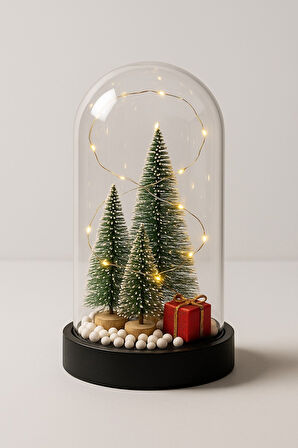 Yeni Yıl Ruhunu Yansıtan Led Işıklı 3 LÜ Yılbaşı Kar Efektli Çam Ağacı Hediye Paketi Temalı Fanus